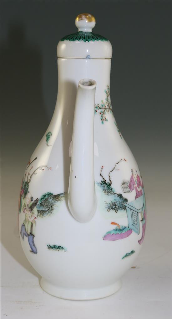 A Chinese famille rose pear-shaped wine ewer and cover, late 19th century, 21.5cm, cover repaired